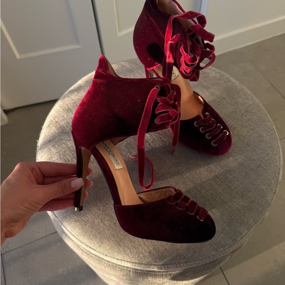 Jimmy Choo Red Velvet Lace-Up Heels with Ribbon Detail - Picture 4 of 5